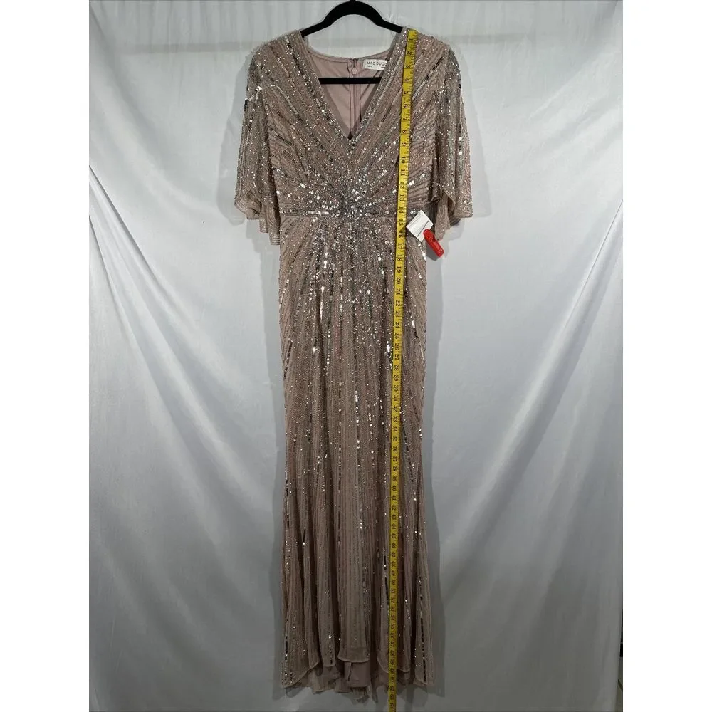 NWT $698 Mac Duggal [ 4 ] Sequined V-Neck Cape Sleeve‎ Column Gown Rose #G1859